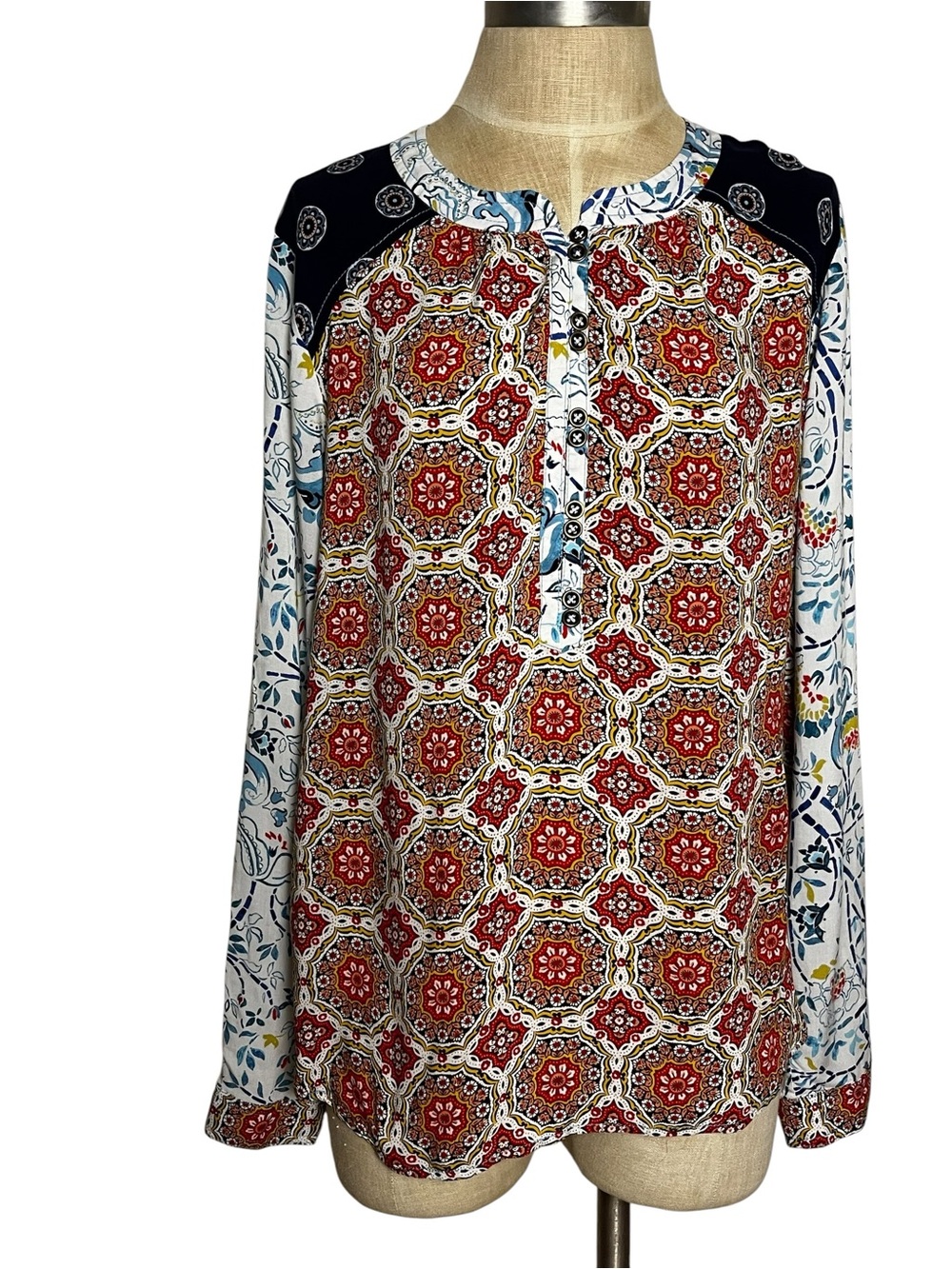 Maeve Anthropologie Mixed Print Boho Medallion Blouse Top Size 12 - Picture 3 of 11